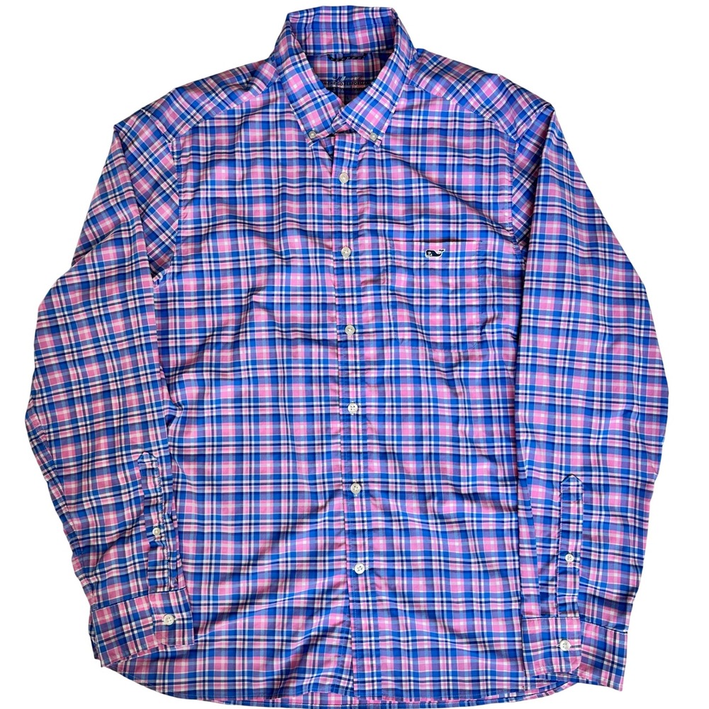 Vineyard Vines OTG Mens Large Pink Blue Plaid Performance Stretch Button Down